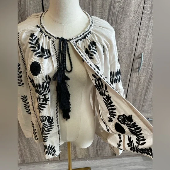 ZARA Linen/Cotton BOHO Embroidered open Front Blouse with tassels. M - Picture 4 of 13